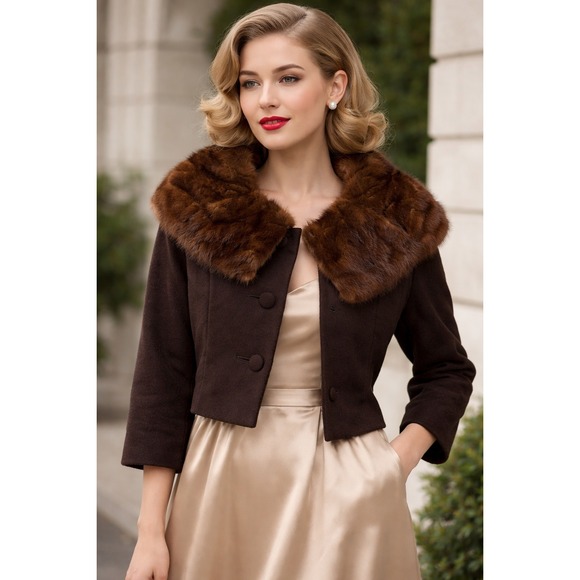 Ruth McCulloch Jackets & Blazers - Vintage‎ Ruth McCulloch Brown Wool Cropped Cocktail Jacket Real Mink Fur Collar